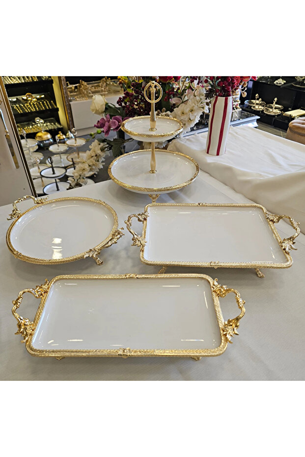 Cast Iron Edged Frame Porcelain Presentation Set with Stands Gold 4 Pieces