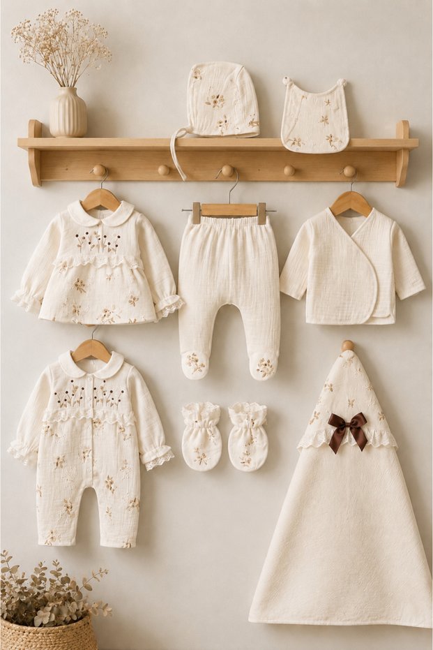 Seasonal Cotton Muslin 10 Piece Newborn Baby Girl Hospital Discharge Bodysuit Set 0-3 Months Boxed / Birth Gift