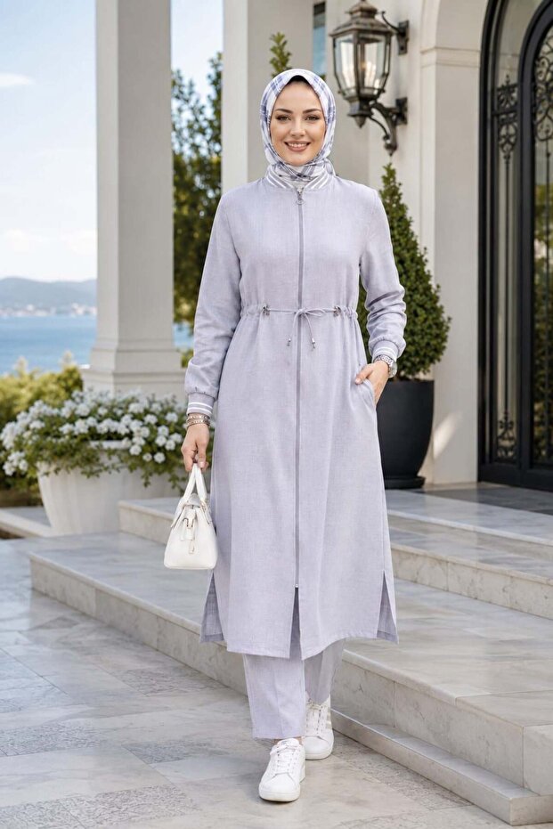 Women's Ribbed Zippered Linen Tunic Pants Gray Double Set