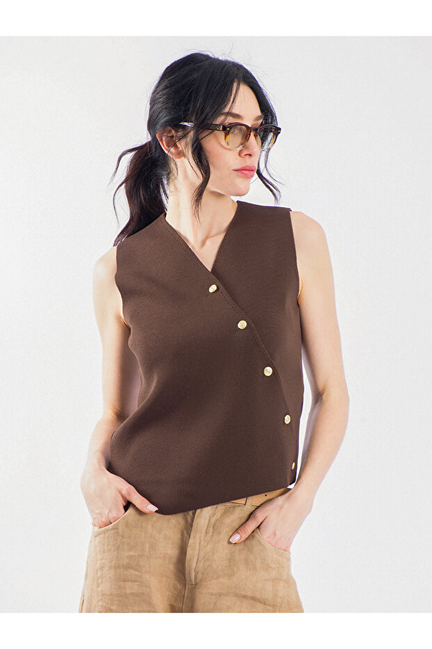 Women's Gold Buttoned Mercerized Knitwear Vest