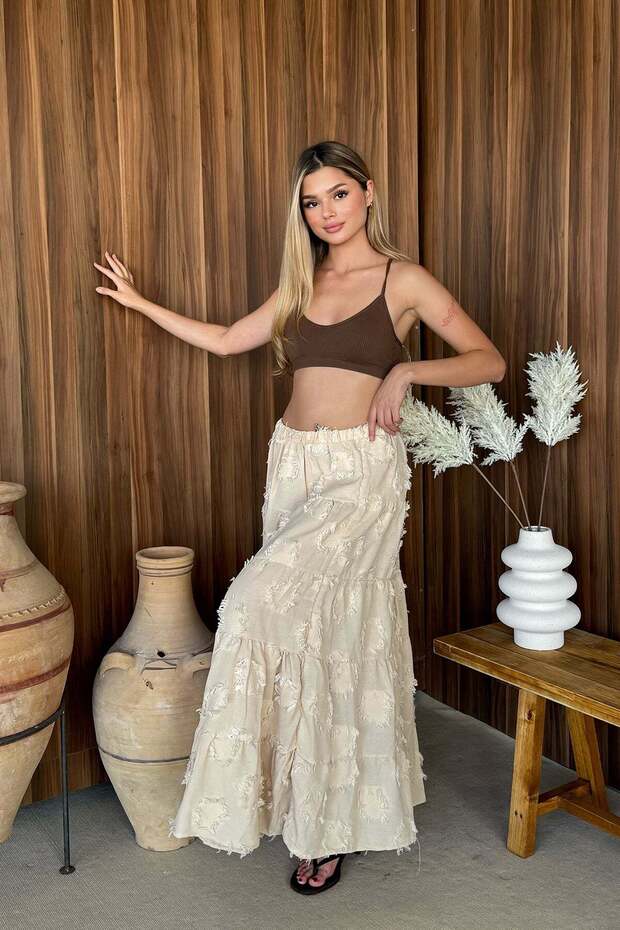 Women's Elastic Waist Patterned Long Skirt Beige - 26Y 5038