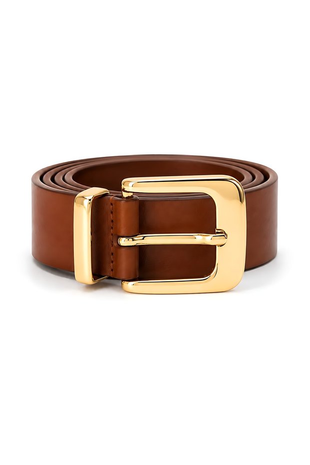 Brown Shk3018 Women's Shiny Square and Gold Strap Detailed Gold Buckle Thick Faux Leather Waist Belt