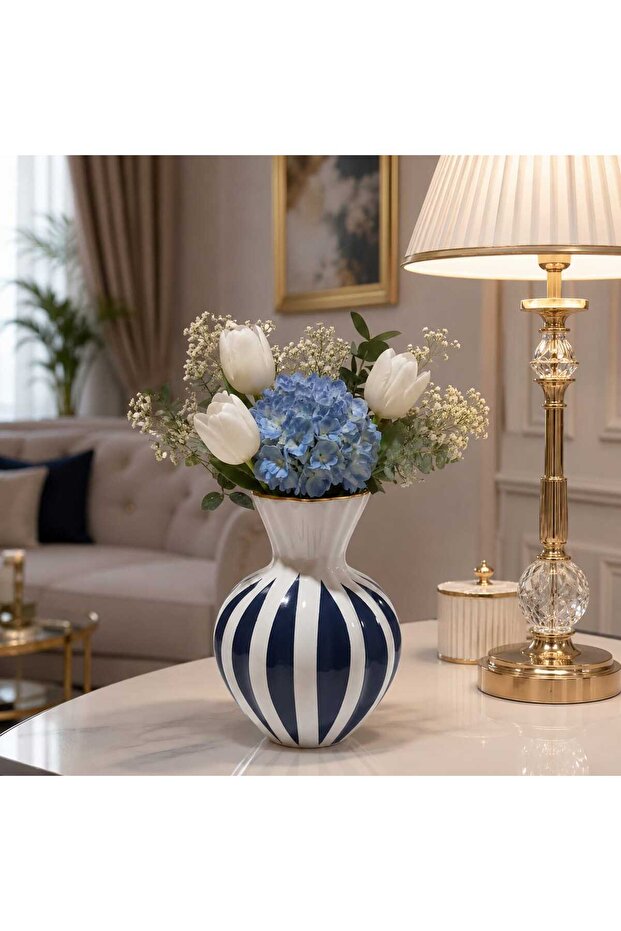 Ceramic Nordic Navy Blue Striped Tulip Vase 24 cm