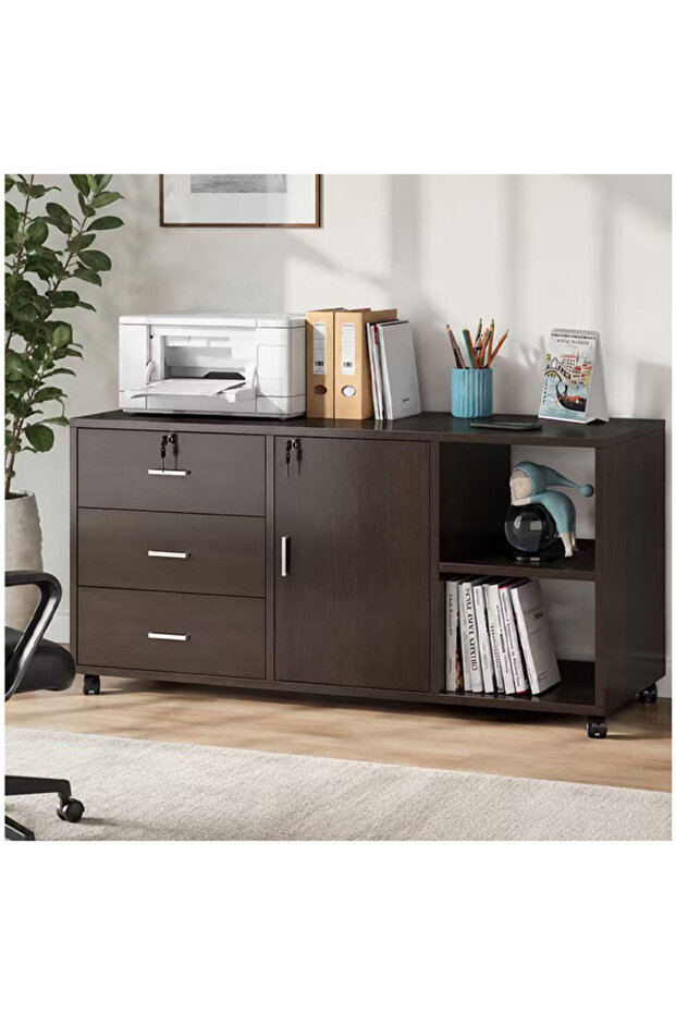 Home Office 100cm Wooden Filing Cabinet with Lock, Bookcase, Drawers & Casters