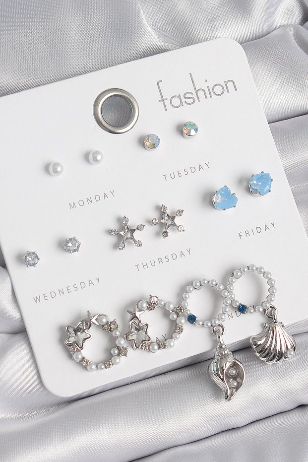 Brass Silver Color Inclined Zircon Stone Ring Figure Star Detail 7 Pairs Women's Earring Set