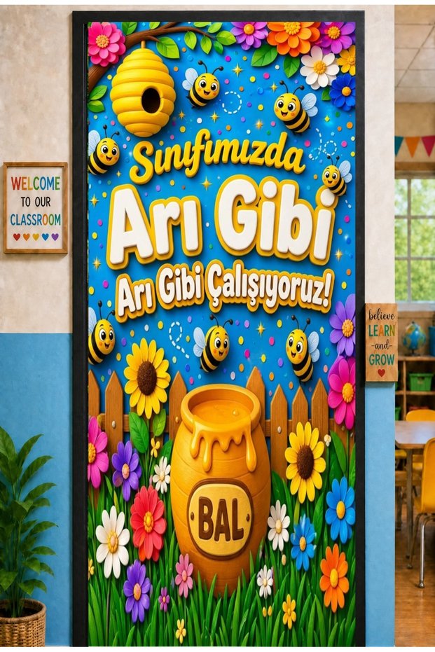 Elastic Door Decoration, Fabric Door Dressing, We Work Like Bees in Our Classroom, Classroom Door, School Event Door Decoration