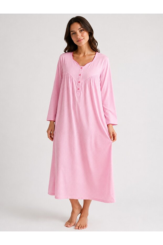 Long Sleeve, Floral Patterned 100% Cotton Women'S-Mother's Nightgown
