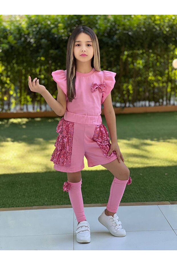 Girls' Set with Sequins, Dusty Effect, and Shorts with Bow Detail