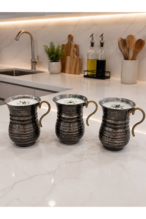 3-Piece Stainless Steel Patterned Handled Cups for Ayran and Soft Drinks, Copper-Looking Silver Color Handled Cups