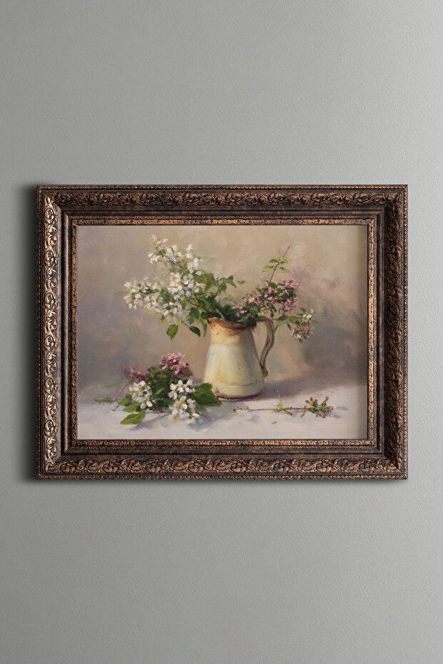 Spring Branches and Ceramic Jug - Vintage Patterned Painting - Thick Model