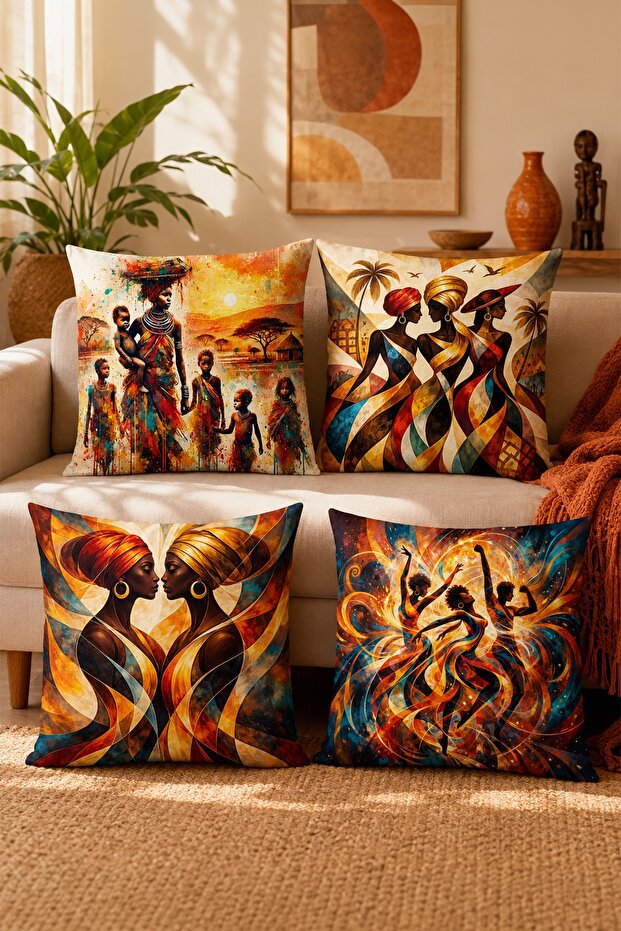 Fire Dance African Girls Patterned 4-Piece Throw Pillow Cover Set