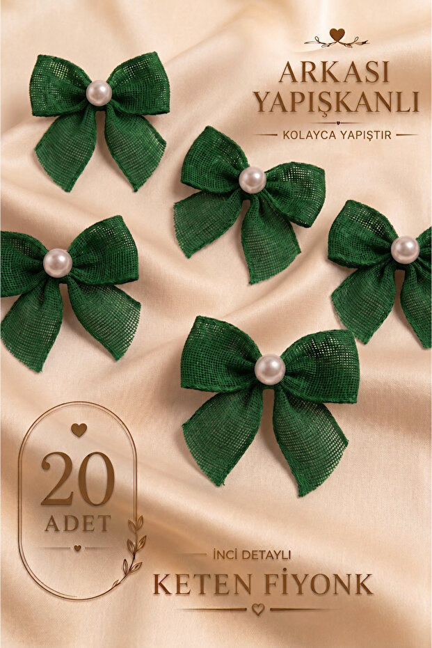 Adhesive Pearlized Linen Bow 20 Pieces Green -Gift Package-Wedding Favors-Invitation-Dowry-Decoration