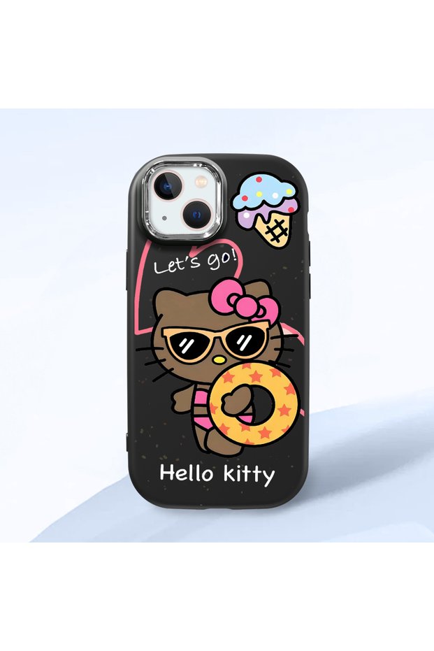 iPhone 13 Compatible Case Camera Protector Black Silicone Couple Phone Case with Kitty Pattern