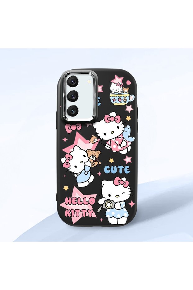 Samsung Galaxy S22 Compatible Case Camera Protector Black Silicone Couple Phone Case Kitty Pattern