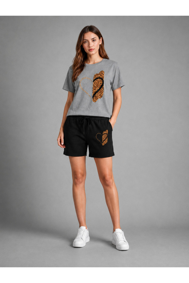 T-Shirt Shorts 2-Piece Combination Thin Summer Sweat-Absorbing Leopard Heart Printed Women's / Girls' Model