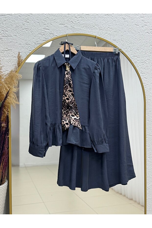 Payman Leopard Scarf and Six-Ruffle Skirt Set-Na3439 Anthracite