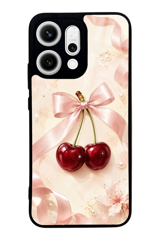 Oppo Reno 14 Glossy Phone Case with Cherry Pearl Ribbon Design