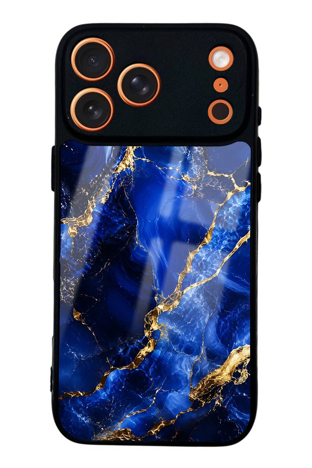 iPhone 17 Pro Sapphire Gold Marble Design Glossy Phone Case