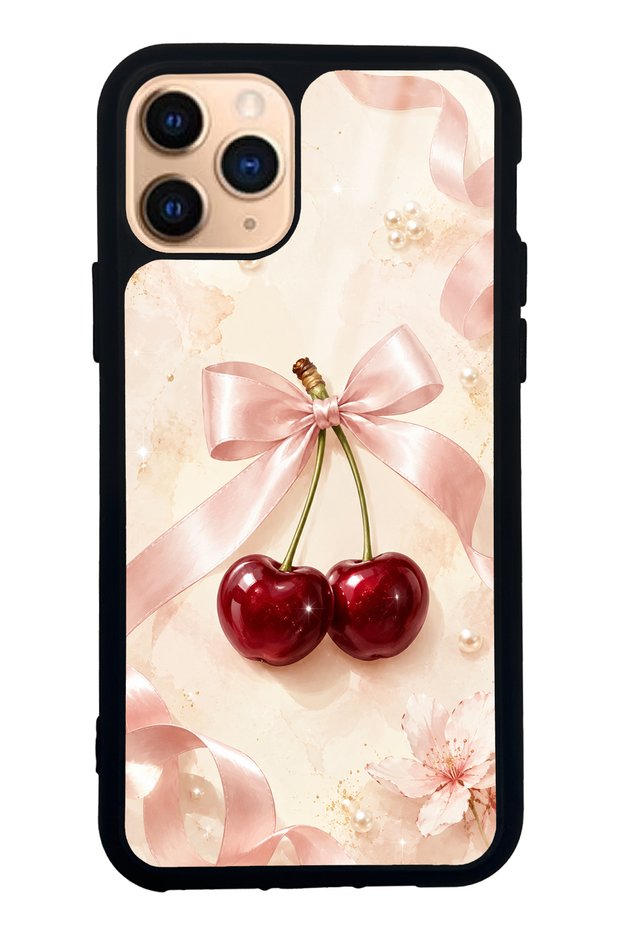 iPhone 11 Pro Glossy Phone Case with Cherry Pearl Ribbon Design