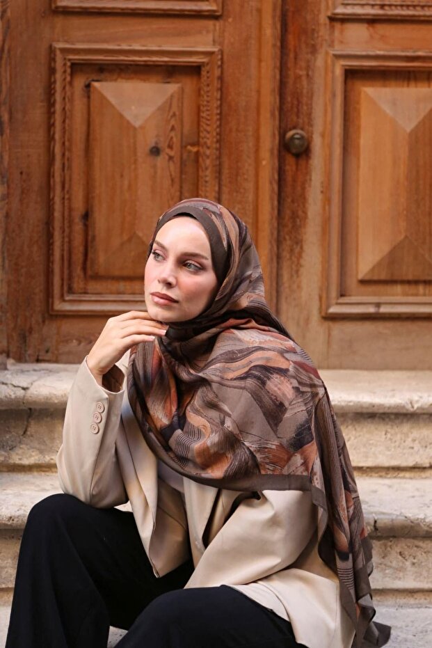 Petra Modern Brush Pattern Shawl - Brown