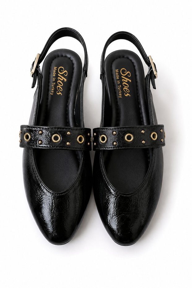 Stella Patent Leather Stone Detailed Slingback Women's Ballerina Casual Stylish Flat Sandals