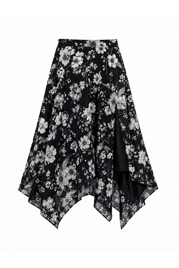 Vera Asymmetric Floral Midi Skirt Women's Black
