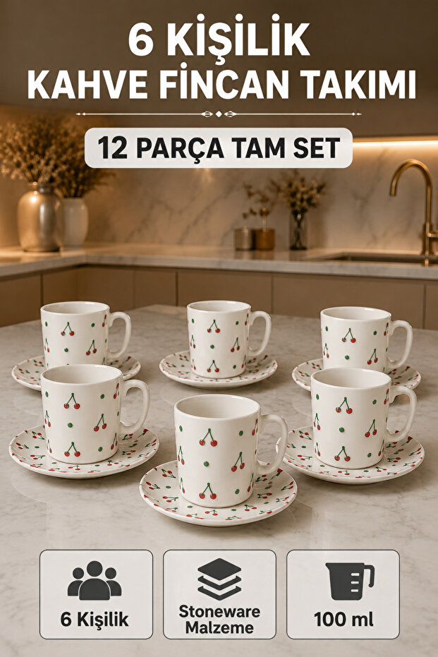 6-Person Ceramic Coffee Cup Set with Round Presentation Plate Porcelain Turkish Coffee Cup Set
