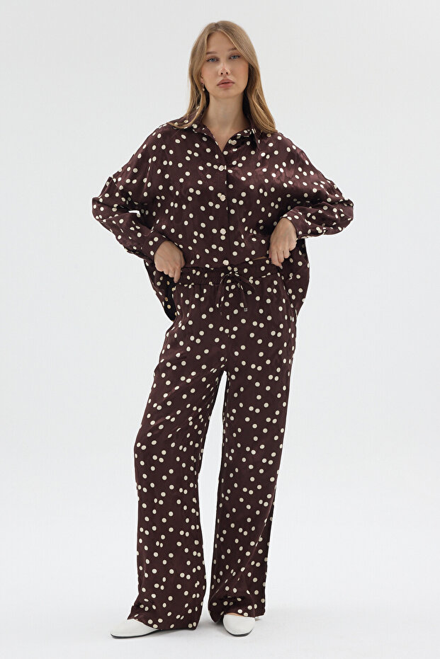 Women's Brown Polka Dot Patterned Shirt Trousers Jacquard Satin Fabric Stylish Bottom-Top Set