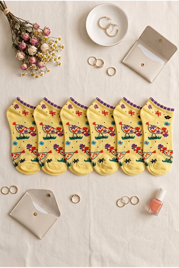 Set of 6 Yellow Patterned Women's Socks - Soft Cotton