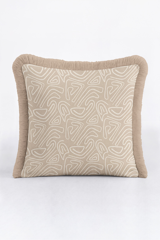 Abstract Beige Geometric Motif Fringed Pillowcase-Boho Ethnic Mink Ecru Cream Tassel Throw Pillow Cover