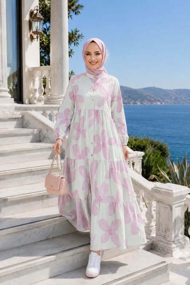 Women's Buttoned Modal Patterned Pink Dress