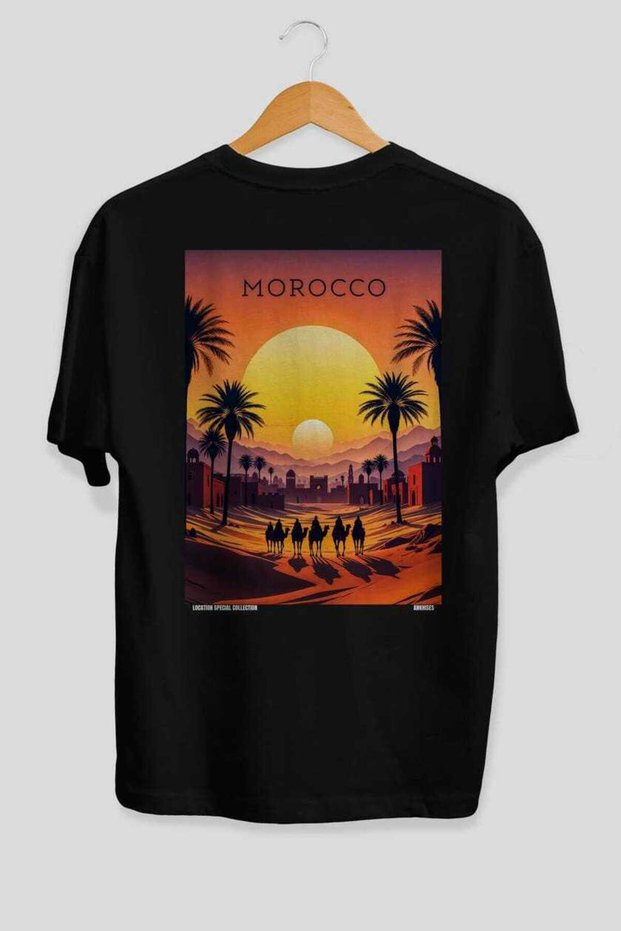 Moroccoo Morocco Black Oversize Country City Back Printed Unisex T-Shirt 100% Cotton Premium