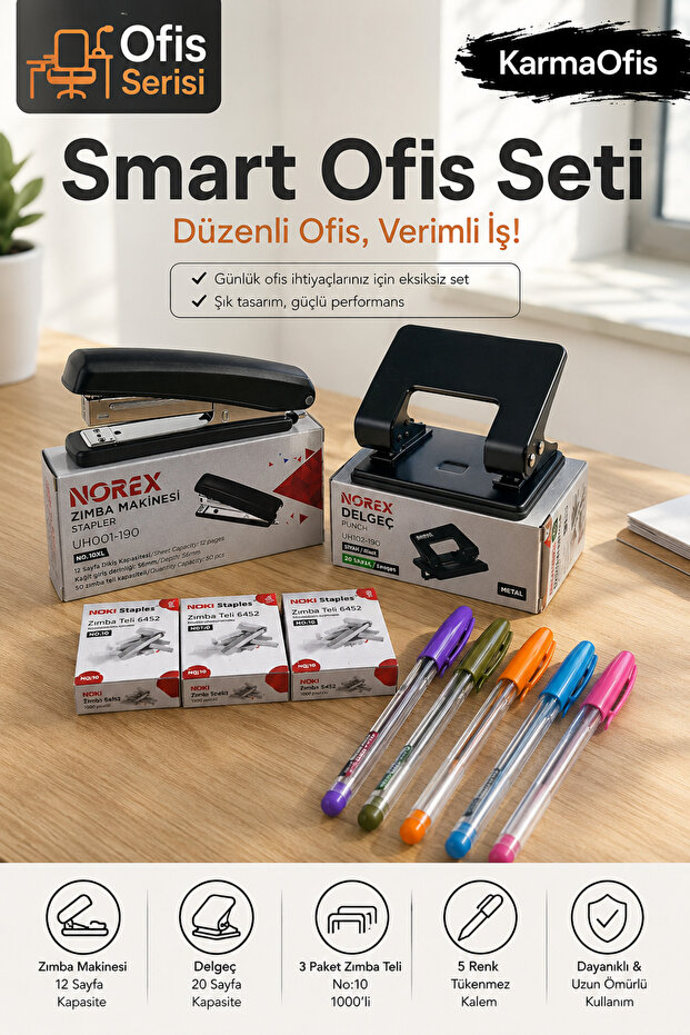 Smart Office Set |   Stapler Machine + Hole Puncher + 3 Packs of Staples + 5 Colors Ballpoint Pens Office Stationery Set