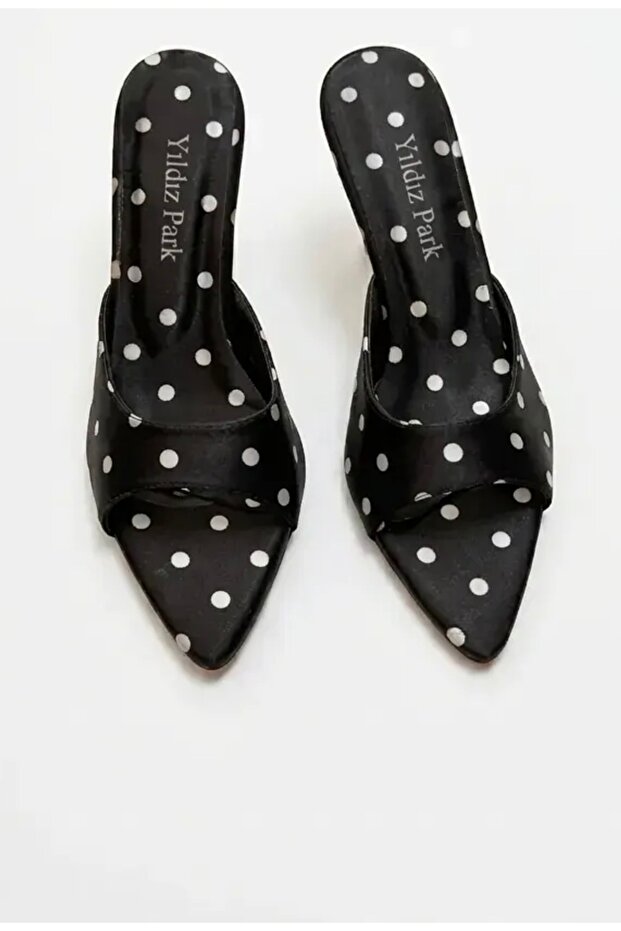 Black Polka Dot Satin Women's Heeled Slippers