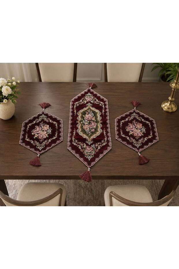 Royal Bouquet Tasseled Runner & American Service Set 3 Pieces – 1 Piece 35X90 Runner + 2 Pieces 35X45