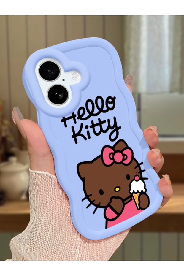 iPhone 16 Compatible Case with Camera Protector Blue Silicone Couple Phone Case Kitty Pattern