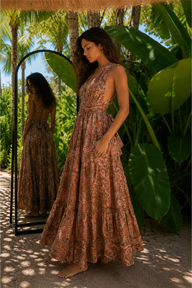 Dried Rose Color Halter Neck Open Back Silk Dress
