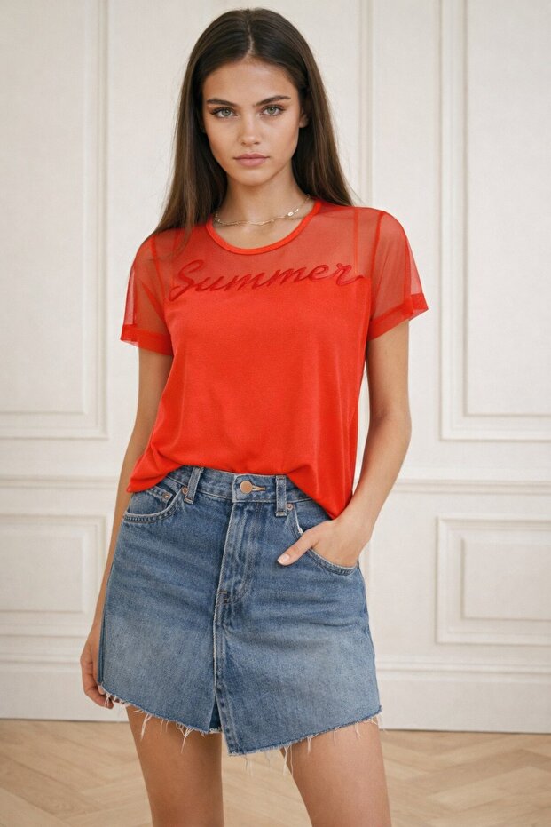 Women's Basic Short Sleeve Blouse 24Y55678-Coral-19