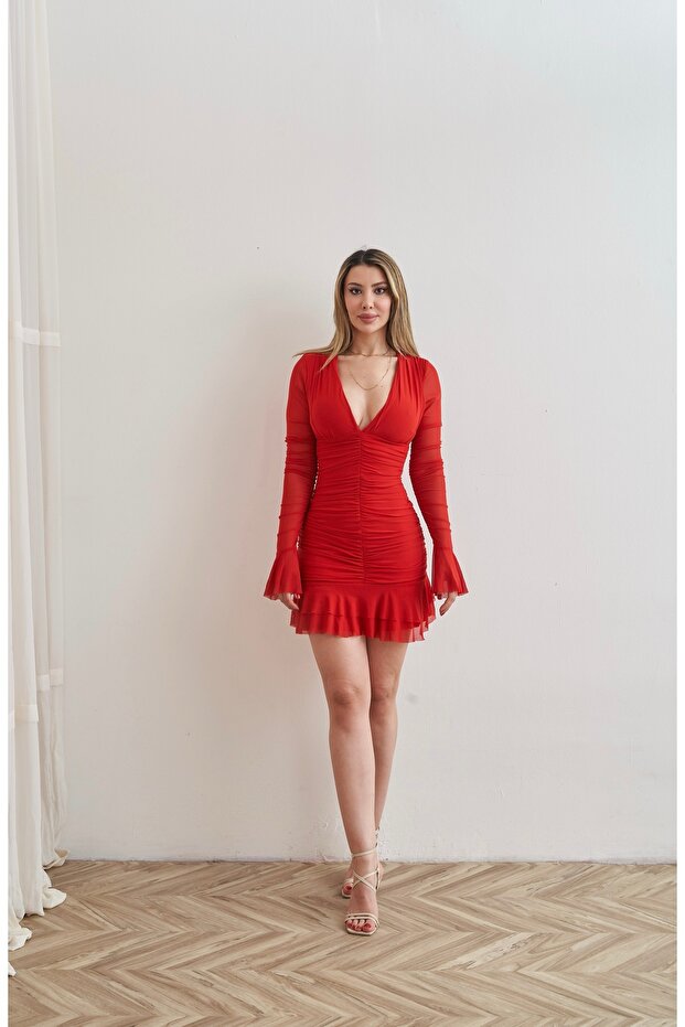 Women's Red Sleeves Tulle V-Neck Draped Mini Dress