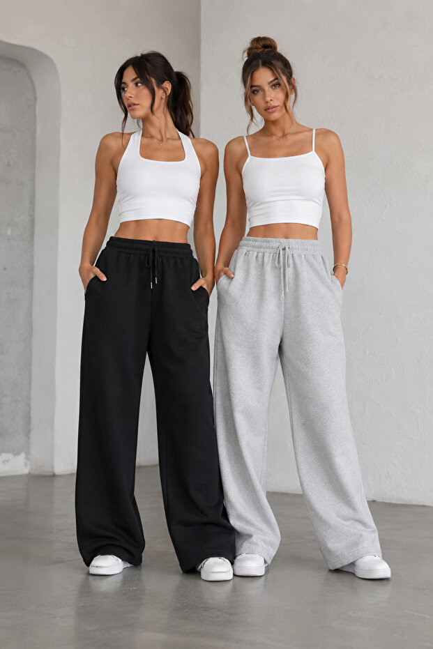 Women's 2-Pack (Black&Gray) Oversize Baggy 2-Thread Loose-Leg Sweatpants