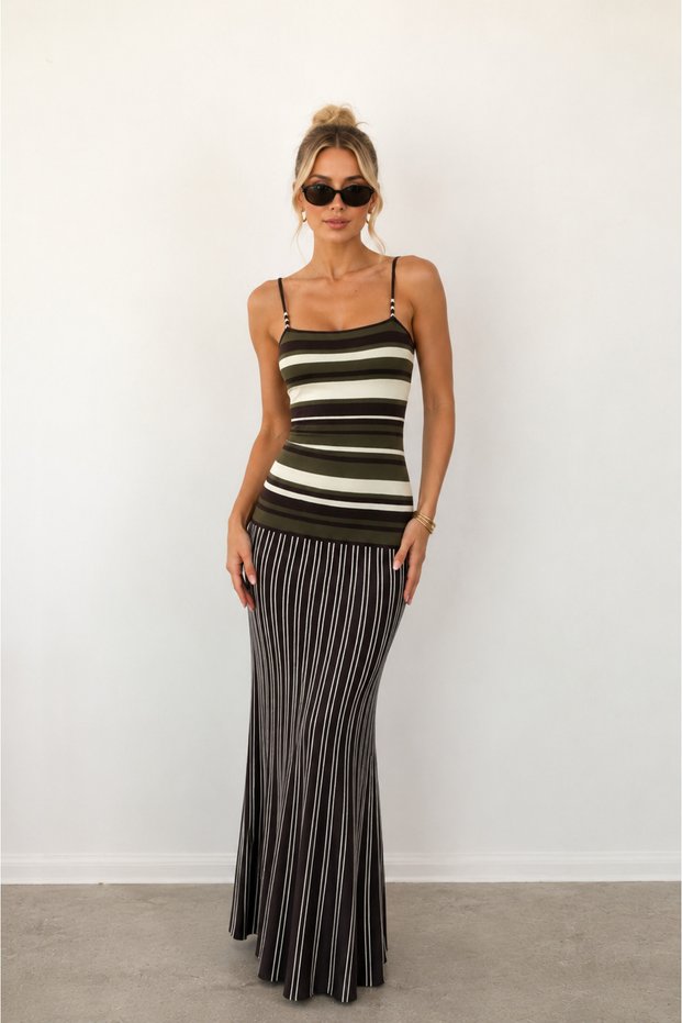Women's Striped Strap Knitwear Maxi Dress Fitted Long Summer Dress