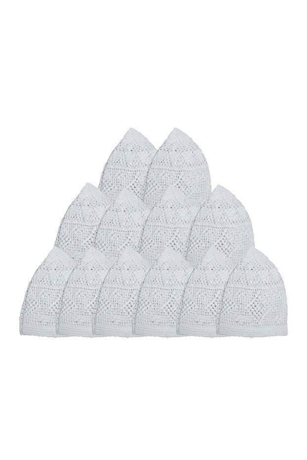 Bangladeshi Muslim Prayer Cap – Handmade White Islamic Kufi Cap – 12 Pieces Pack – Soft Breathable Salah Cap for Men