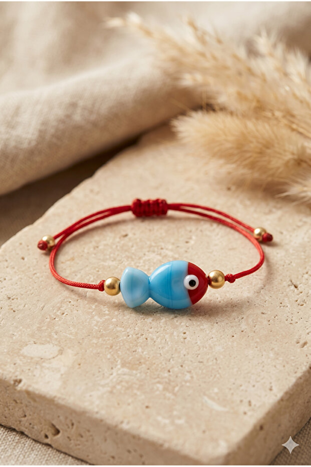 Murano Glass Blue-Red Fish Figured Rope Bracelet with Elevator Closure