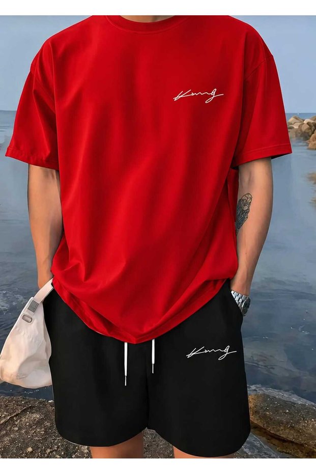T-Shirt Shorts 2-Piece Combination Thin Summer Sweat-Absorbing Handwritten King Printed Women's / Men's Unisex Model