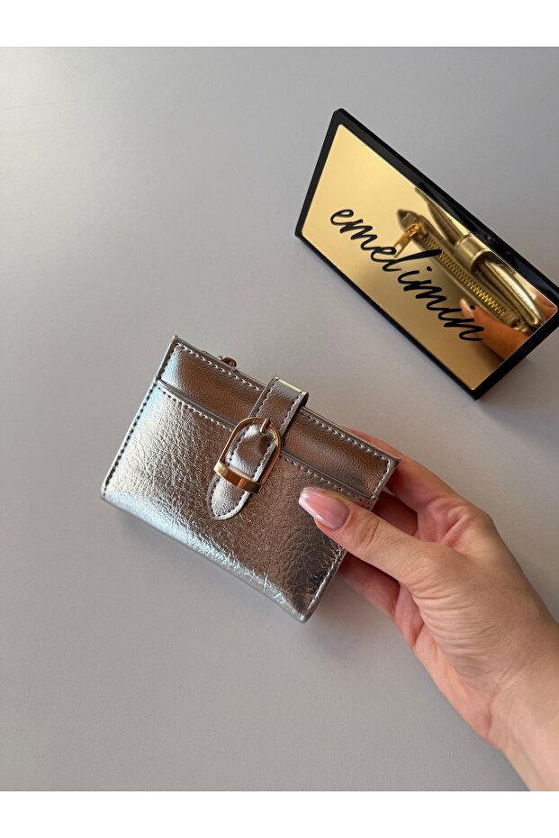 Women's Silver Zippered Card Holder Wallet | Multi-Compartment Mini Wallet | Coin Compartment Belt Detailed