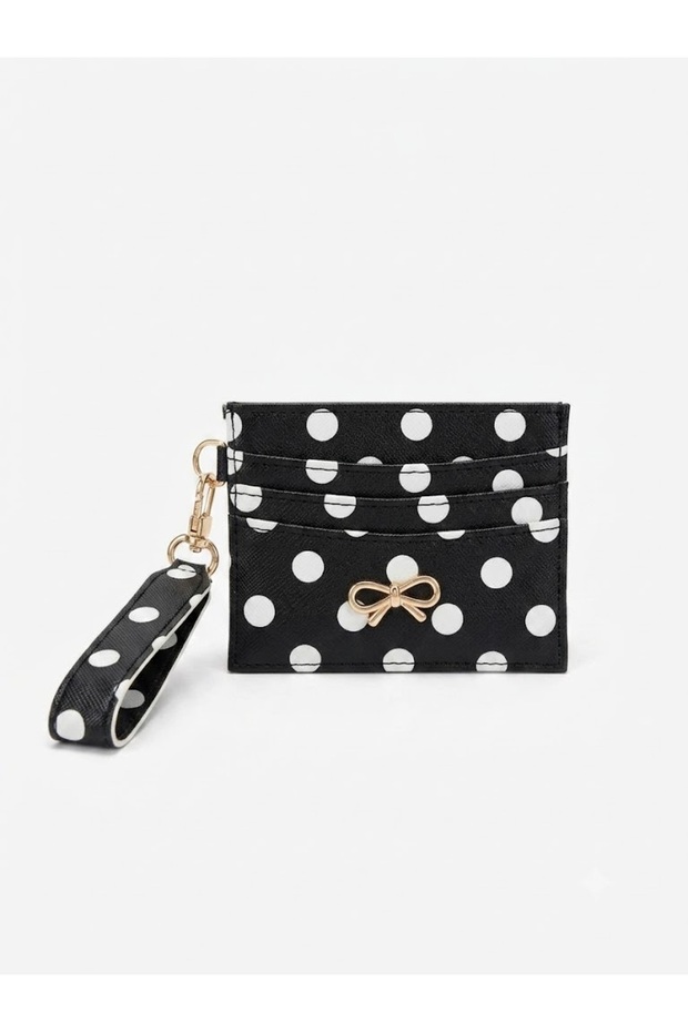 Women's Bow Detailed Shiny Faux Leather Card Holder with Keychain