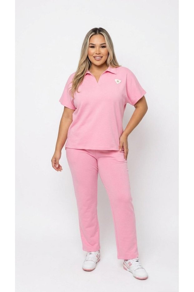 Women's Plus Size Short Sleeve Polo Collar Stone Detailed Tracksuit Set 8275-26