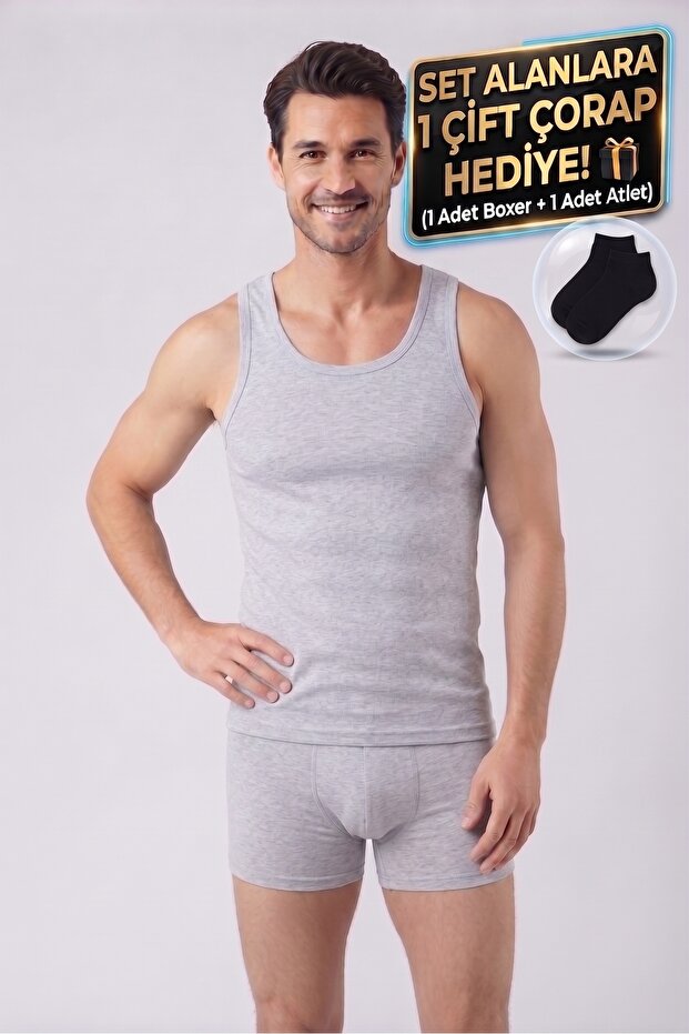 Men's Socks Gift Set of 2 Cotton Lycra 1 Gray Boxer and 1 Gray Undershirt Set