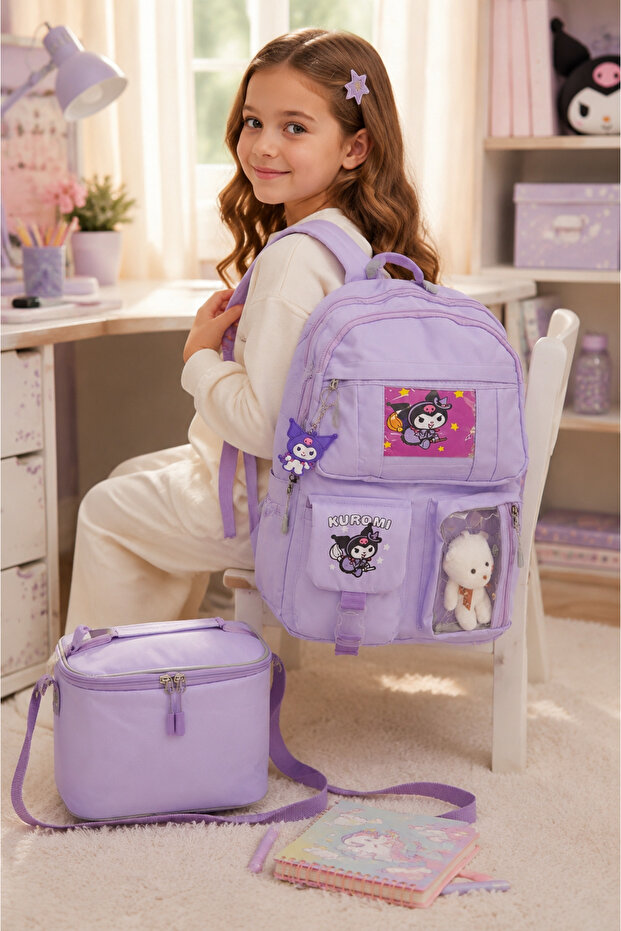Girl's Lilac Kuromi 2-Piece School Bag Set with Accessories - Backpack, Thermo Lunch Bag