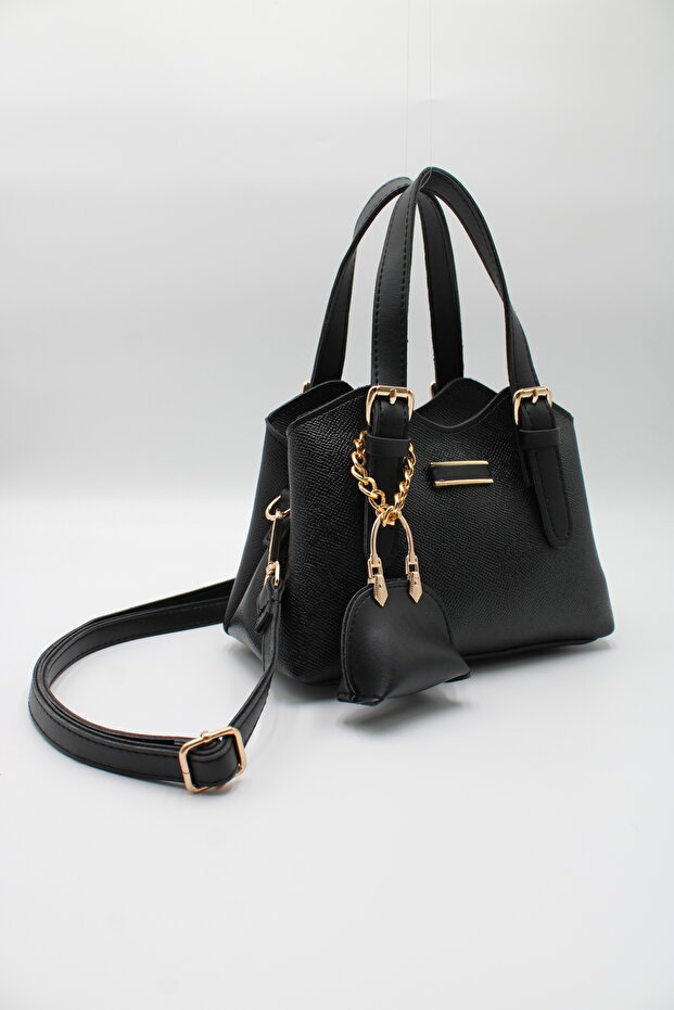 Women's Black Crossbody Hand and Shoulder Bag with Front Accessory Detail and Charm Accessory